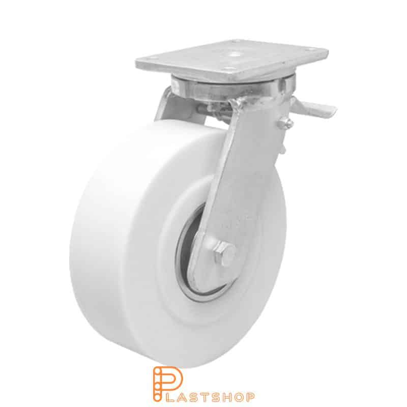 Link wheel with brake, plate, wheel diameter 250 mm, building height 314 mm, hard wheel in solid PA6 C, 3000 kg load capacity, double ball bearing