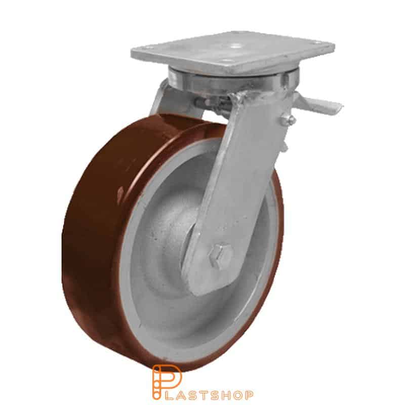 Link wheel with brake, plate, wheel diameter 300 mm, building height 365 mm, hub in cast iron with soft band in PUR in orange color. 2200 kg load capacity, double ball bearing