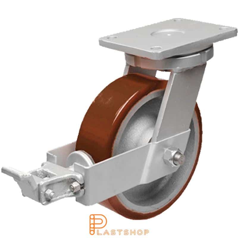 Link wheel with brake, plate, wheel diameter 300 mm, building height 375 mm, hub in cast iron with soft band in PUR in orange color. 2200 kg load capacity, double ball bearing