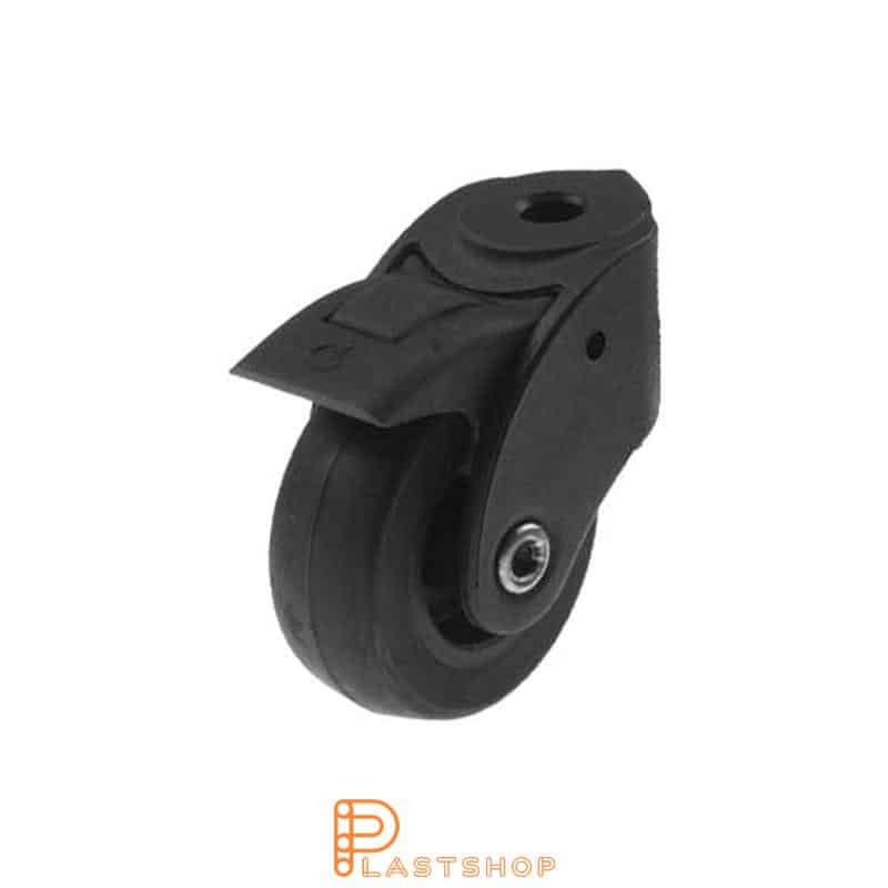 Link wheel with brake, plate, wheel diameter 50 mm, building height 59 mm, hub in PP with soft band in PUR in black color. 40 kg load capacity, slide bearing