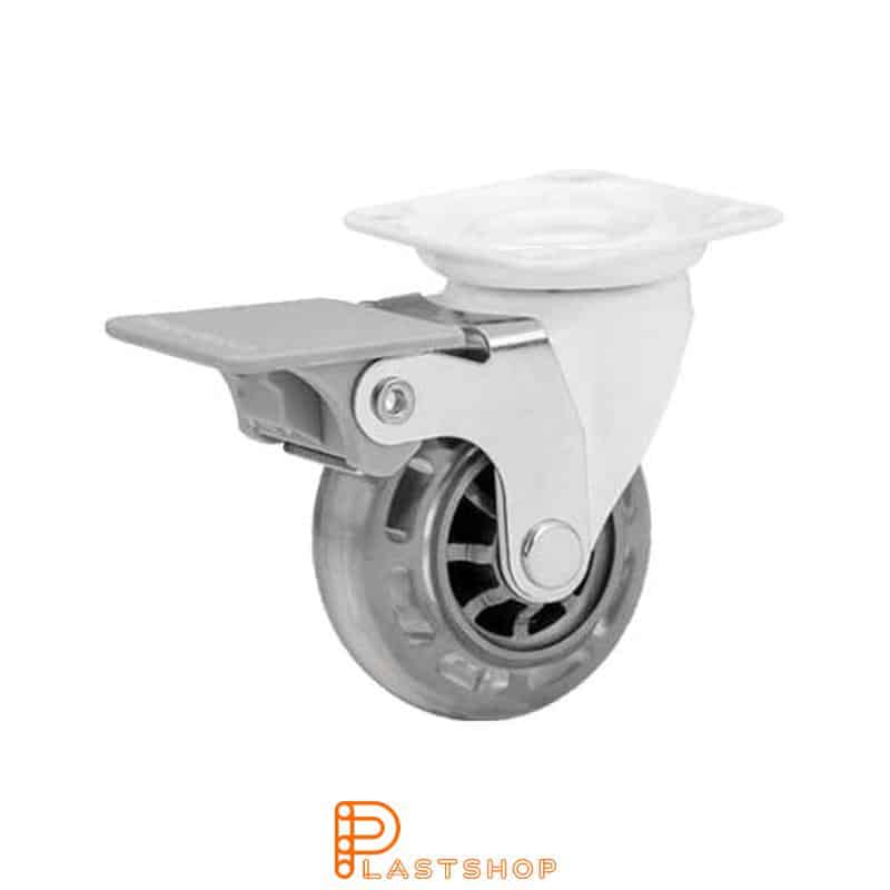 Länkhjul med broms, platta, hjuldiameter 50 mm, bygghöjd 64 mm, nav i PC med mjuk bana i PUR i transparent färg. 40 kg bärighet, glidlager