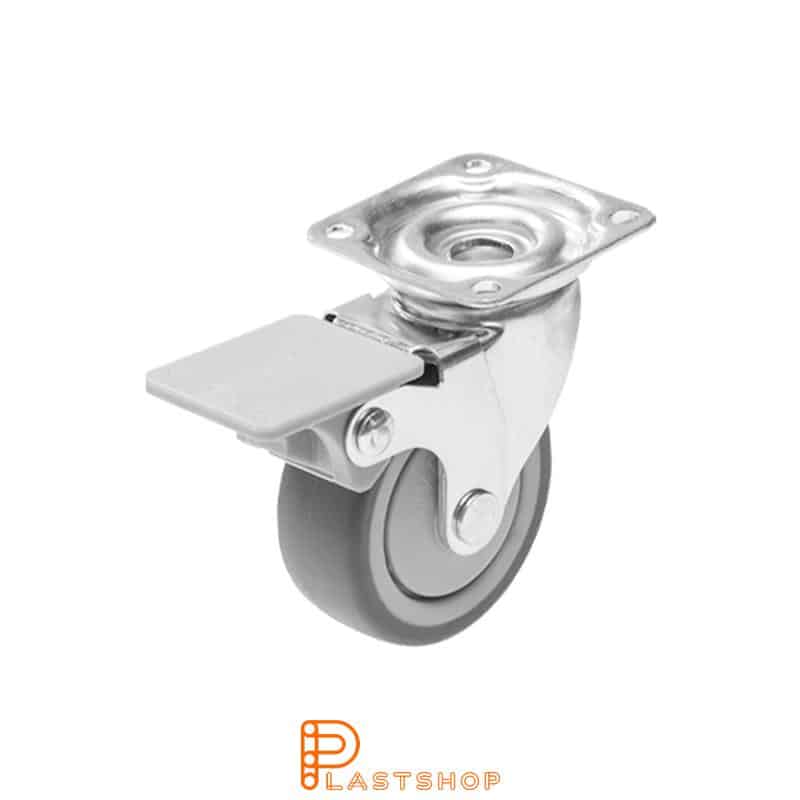 Link wheel with brake, plate, wheel diameter 50 mm, building height 64 mm, hub in PP with soft band in TPE in gray color. 40 kg load capacity, ball bearing