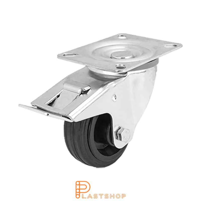 Link wheel with brake, plate, wheel diameter 80 mm, building height 108 mm, hub in PP with soft band in rubber in black color. 50 kg load capacity, roller bearing