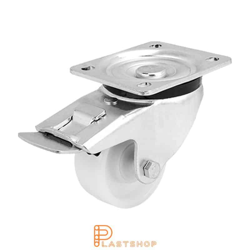 Rueda de enlace con freno, placa, diámetro de la rueda 80 mm, altura de construcción 111 mm, rueda dura de PA6 macizo, 300 kg de carga, cojinete de bolas
