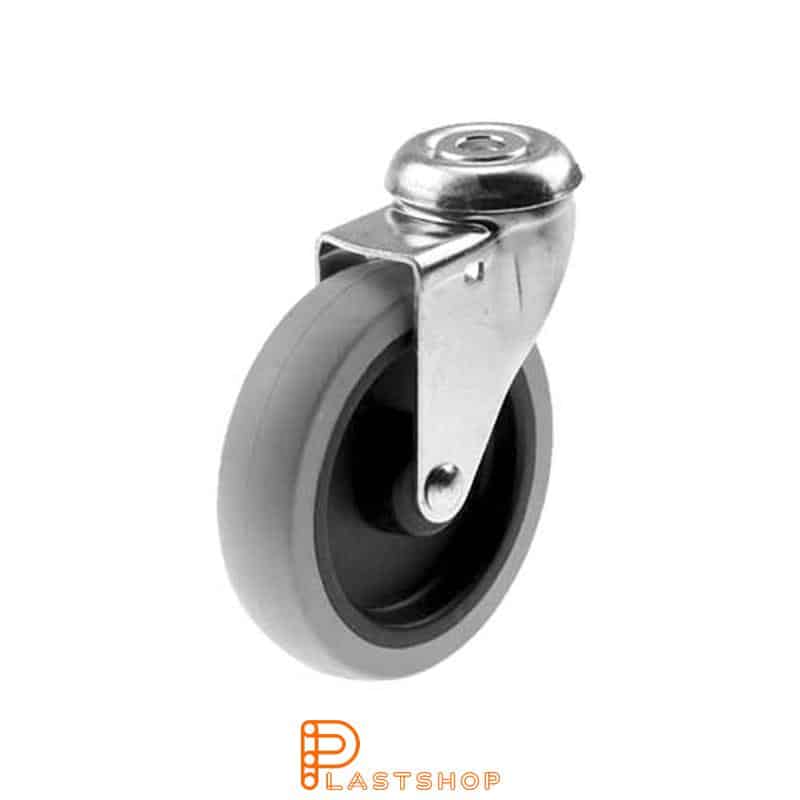 Link wheel without brake, center hole, wheel diameter 100 mm, building height 120 mm, hub in PP with soft track in TPE in grå. 55 kg load capacity, slide bearings