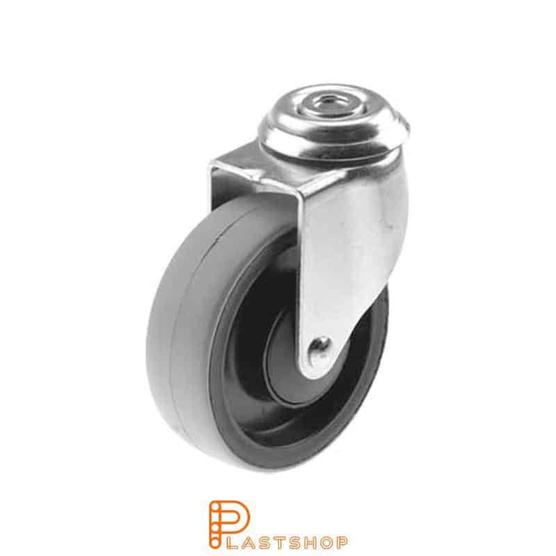 Link wheel without brake, center hole, wheel diameter 100 mm, building height 126 mm, hub in PA6 with soft track in PUR in grå. 70 kg load capacity, ball bearings