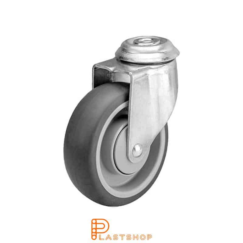 Link wheel without brake, center hole, wheel diameter 100 mm, building height 126 mm, hub in PP with soft track in TPE in grå. 90 kg load capacity, ball bearings