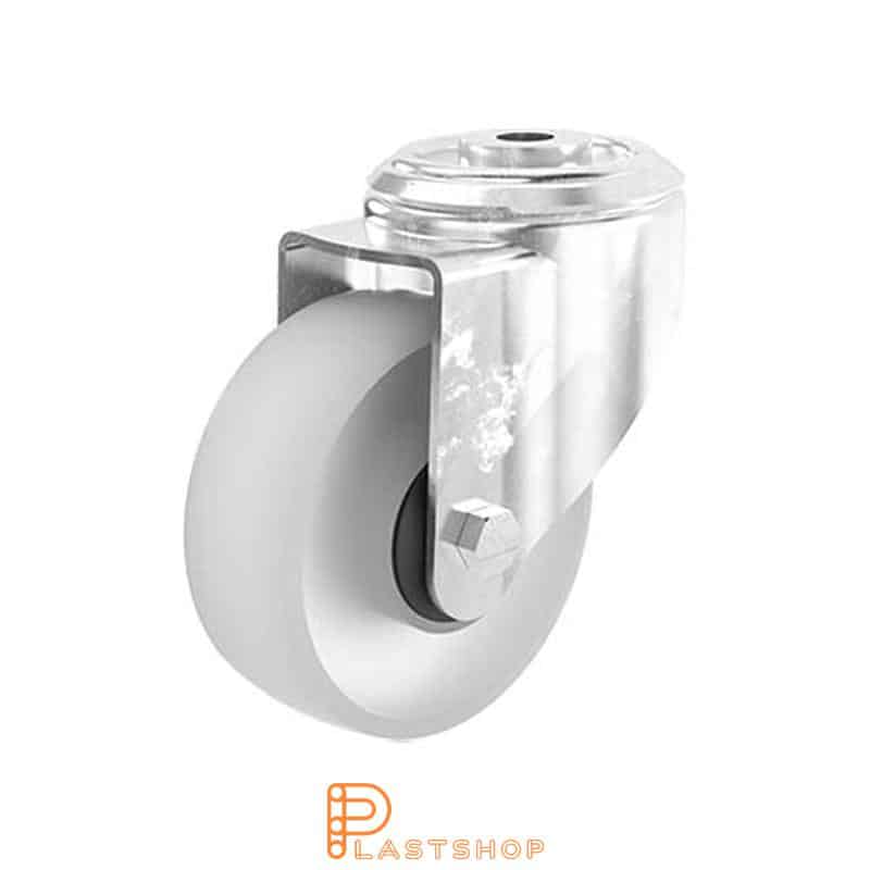 Link wheel without brake, center hole, wheel diameter 100 mm, building height 128 mm, hard wheel in solid PA6, 150 kg load capacity, ball bearings