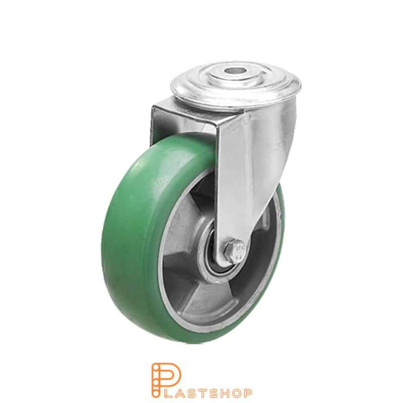 Länkhjul utan broms, centrumhål, hjuldiameter 100 mm, bygghöjd 128 mm, nav i aluminium med mjuk bana i ElastoPUR i grön färg. 150 kg bärighet, dubbla kullager