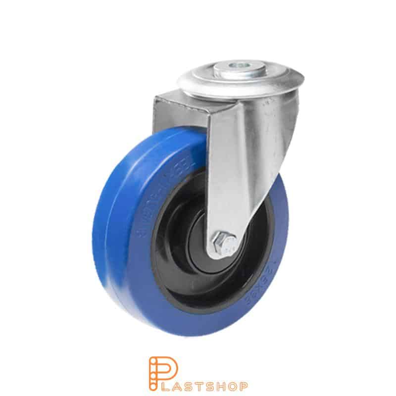 Link wheel without brake, center hole, wheel diameter 100 mm, building height 128 mm, hub in PA6 with soft track in ElastoGum in blå. 150 kg load capacity, ball bearings