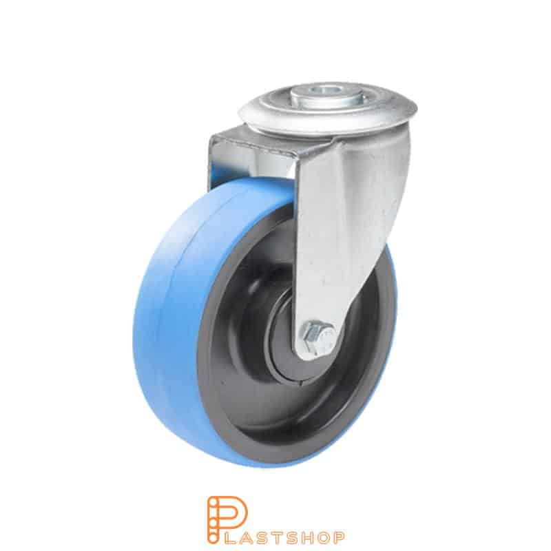 Link wheel without brake, center hole, wheel diameter 100 mm, building height 128 mm, hub in PA6 with soft track in PUR in blå. 150 kg load capacity, ball bearings