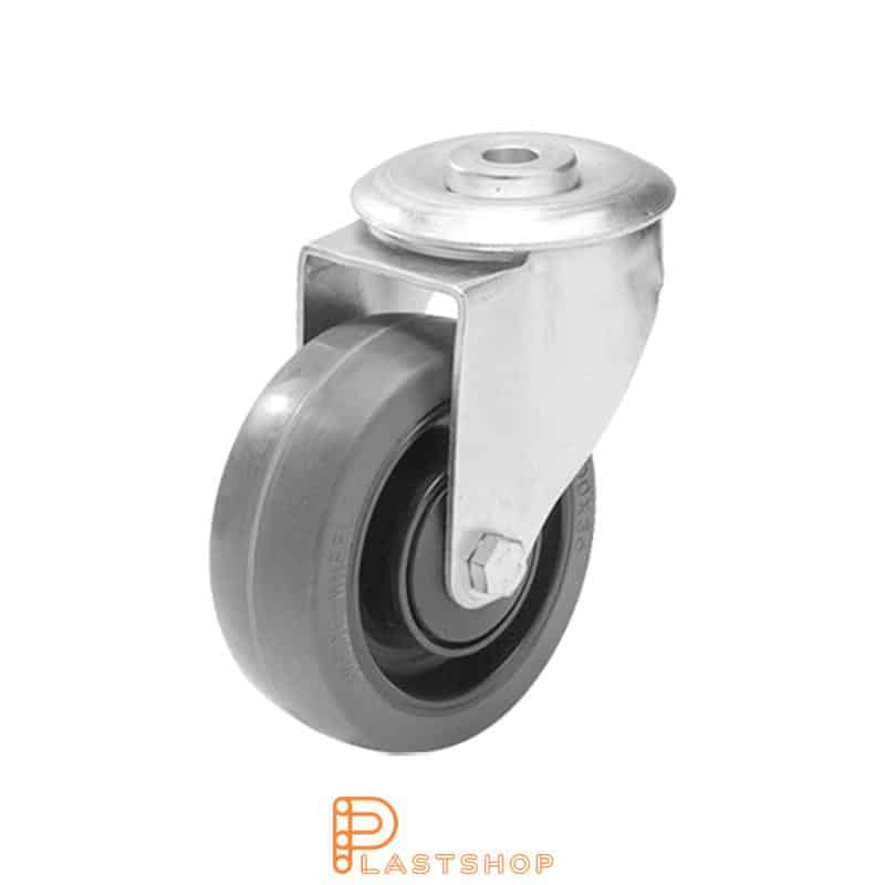 Link wheel without brake, center hole, wheel diameter 100 mm, building height 128 mm, hub in PA6 with soft track in PUR in grå. 150 kg load capacity, ball bearings