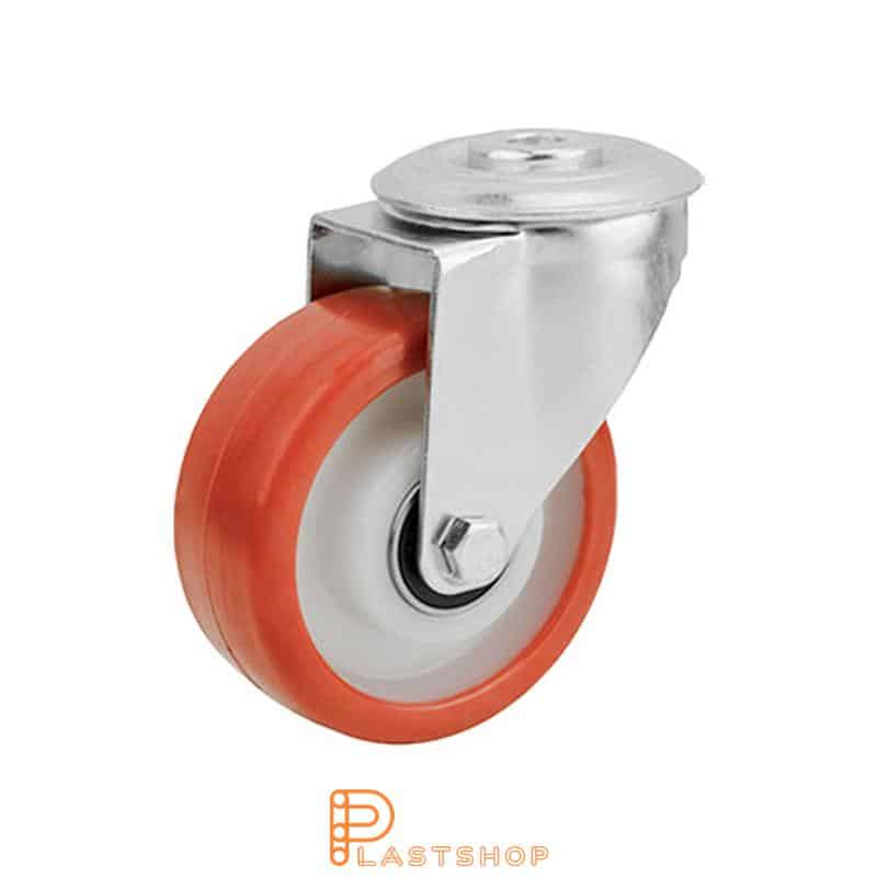 Link wheel without brake, center hole, wheel diameter 100 mm, building height 128 mm, hub in PA6 with soft track in PUR in röd. 150 kg load capacity, double ball bearings