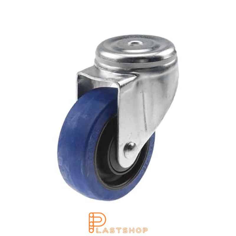 Link wheel without brake, center hole, wheel diameter 100 mm, building height 132 mm, hub in PA6 with soft track in ElastoGum in blå. 225 kg load capacity, ball bearings