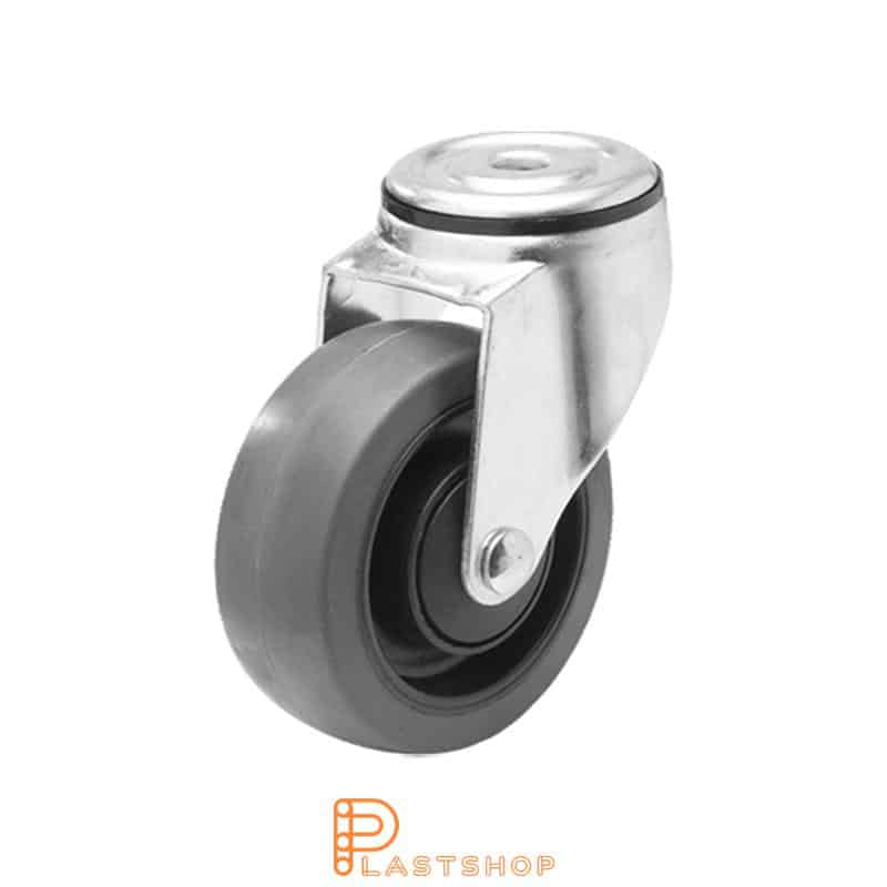 Link wheel without brake, center hole, wheel diameter 100 mm, building height 132 mm, hub in PA6 with soft track in ElastoGum in grå. 140 kg load capacity, ball bearings