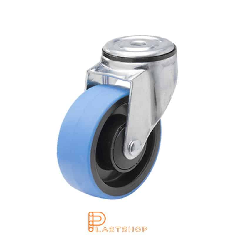 Link wheel without brake, center hole, wheel diameter 100 mm, building height 132 mm, hub in PA6 with soft track in PUR in blue color. 140 kg load capacity, ball bearings
