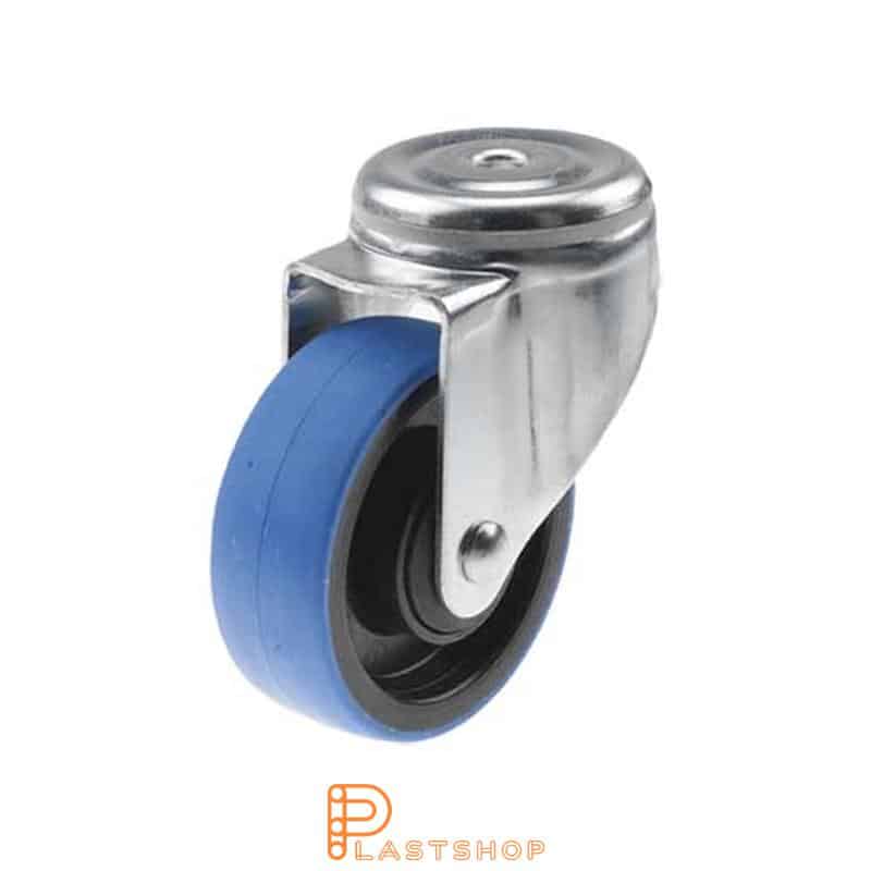 Rueda de enlace sin freno, agujero central, diámetro de la rueda 100 mm, altura de construcción 132 mm, eje en PA6 con banda suave en PUR de color azul. 225 kg de carga, cojinetes