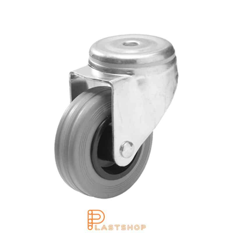 Link wheel without brake, center hole, wheel diameter 100 mm, building height 132 mm, hub in PP with soft track in rubber in grå. 70 kg load capacity, slide bearings