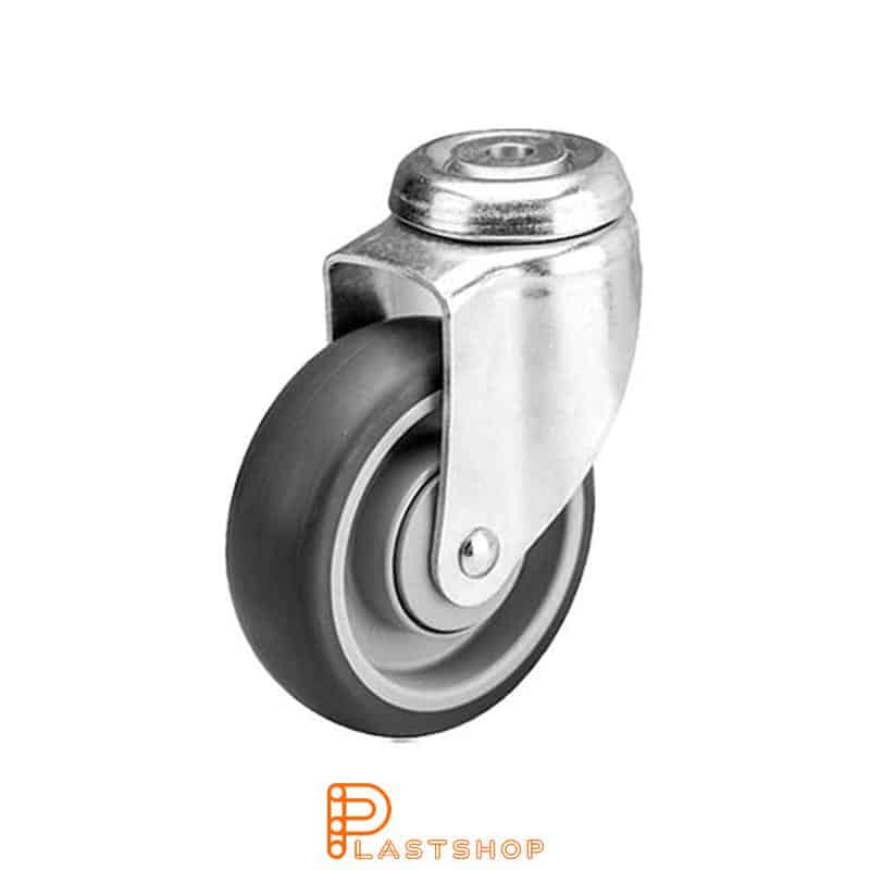 Link wheel without brake, center hole, wheel diameter 100 mm, building height 133 mm, hub in PP with soft track in TPE in grå. 100 kg load capacity, ball bearings