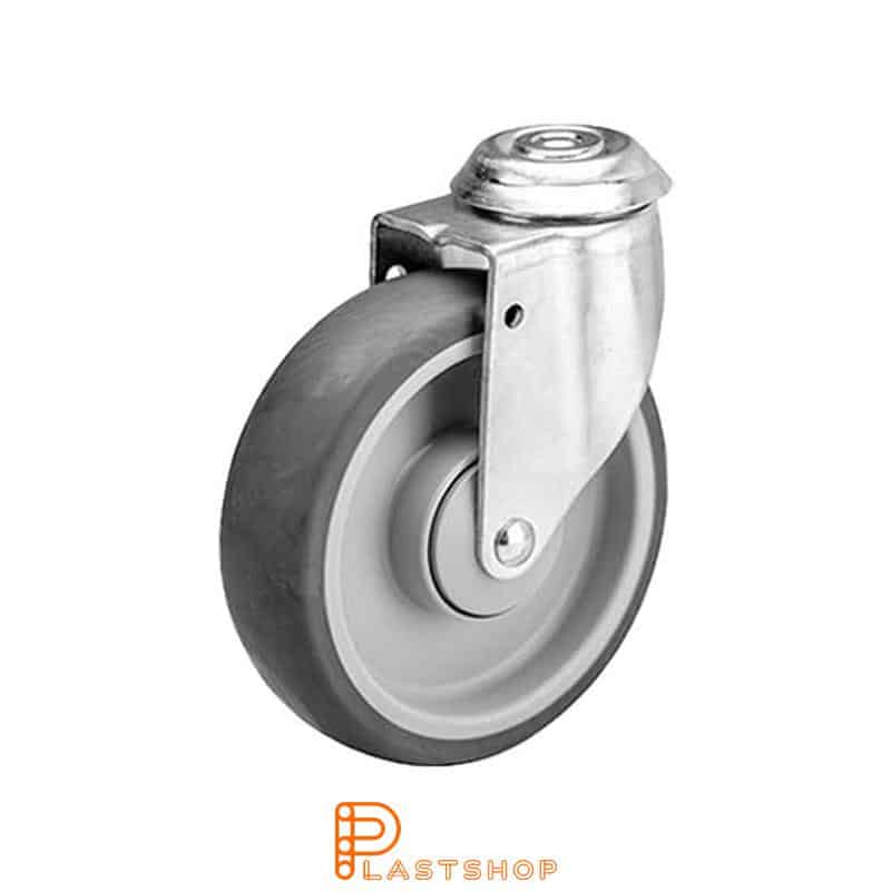 Link wheel without brake, center hole, wheel diameter 125 mm, building height 150 mm, hub in PP with soft track in TPE in grå. 70 kg load capacity, ball bearings