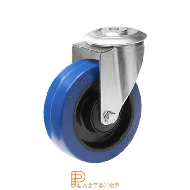 Link wheel without brake, center hole, wheel diameter 125 mm, building height 155 mm, hub in PA6 with soft track in ElastoGum in blå. 180 kg load capacity, ball bearings