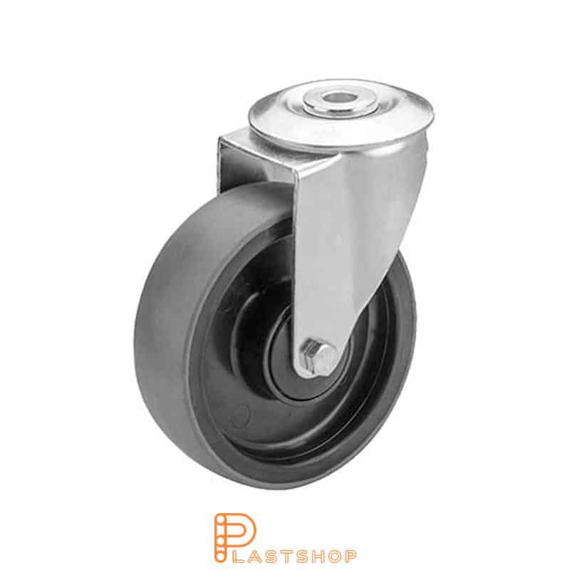 Link wheel without brake, center hole, wheel diameter 125 mm, building height 155 mm, hub in PA6 with soft track in PUR in grå. 180 kg load capacity, ball bearings