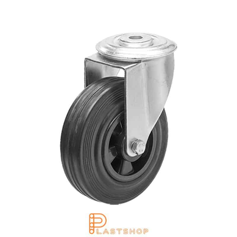 Rueda de enlace sin freno, agujero central, diámetro de la rueda 125 mm, altura de construcción 155 mm, eje en PP con banda suave en caucho de color negro. 100 kg de carga, rodamientos