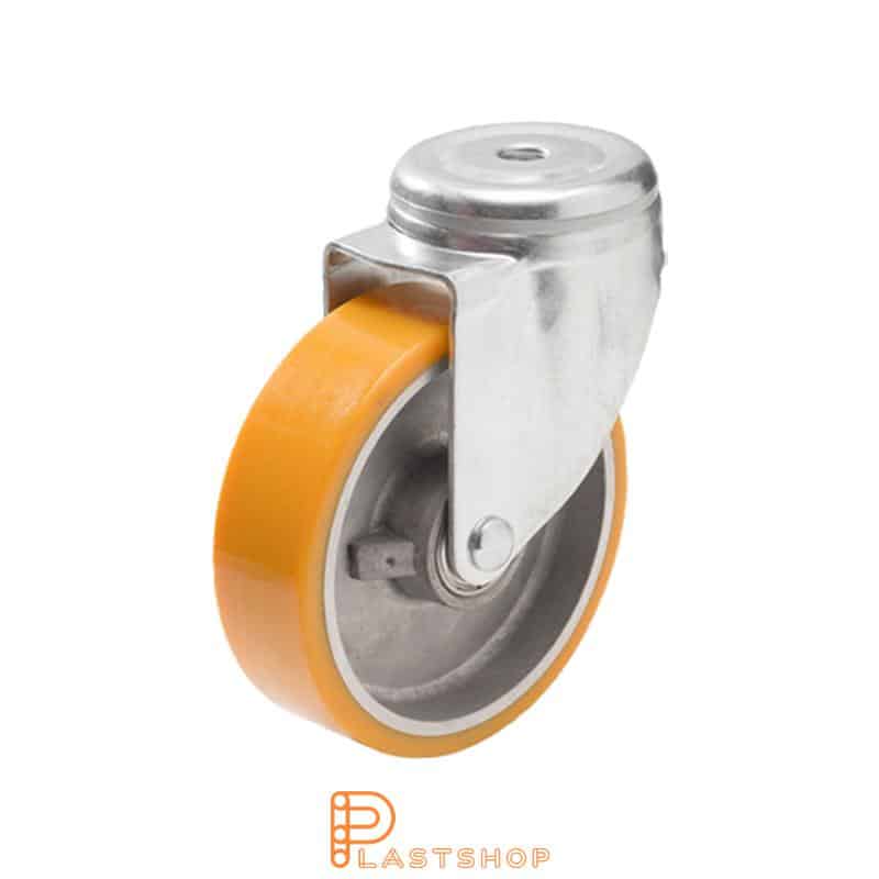 Länkhjul utan broms, centrumhål, hjuldiameter 125 mm, bygghöjd 157 mm, nav i aluminium med mjuk bana i PUR i orange färg. 200 kg bärighet, dubbla kullager