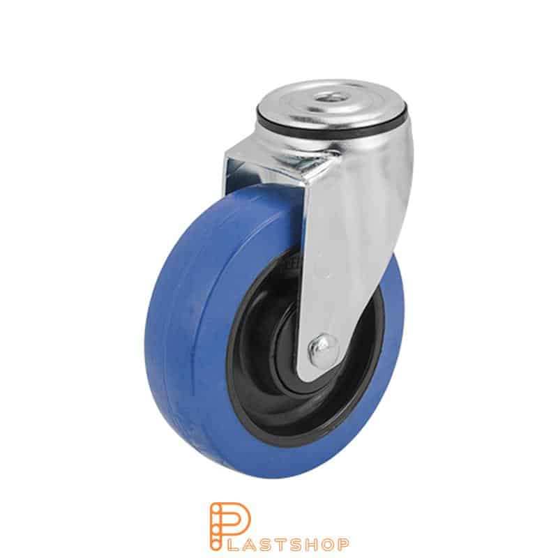 Link wheel without brake, center hole, wheel diameter 125 mm, building height 157 mm, hub in PA6 with soft track in ElastoGum in blå. 150 kg load capacity, ball bearings