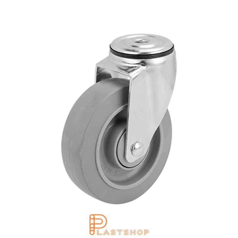 Lenkjhjul uten bremse, senterhull, hjuldiameter 125 mm, byggehøyde 157 mm, nav i PA6 med myk bane i ElastoGum i grå farge. 150 kg bæreevne, kulelager