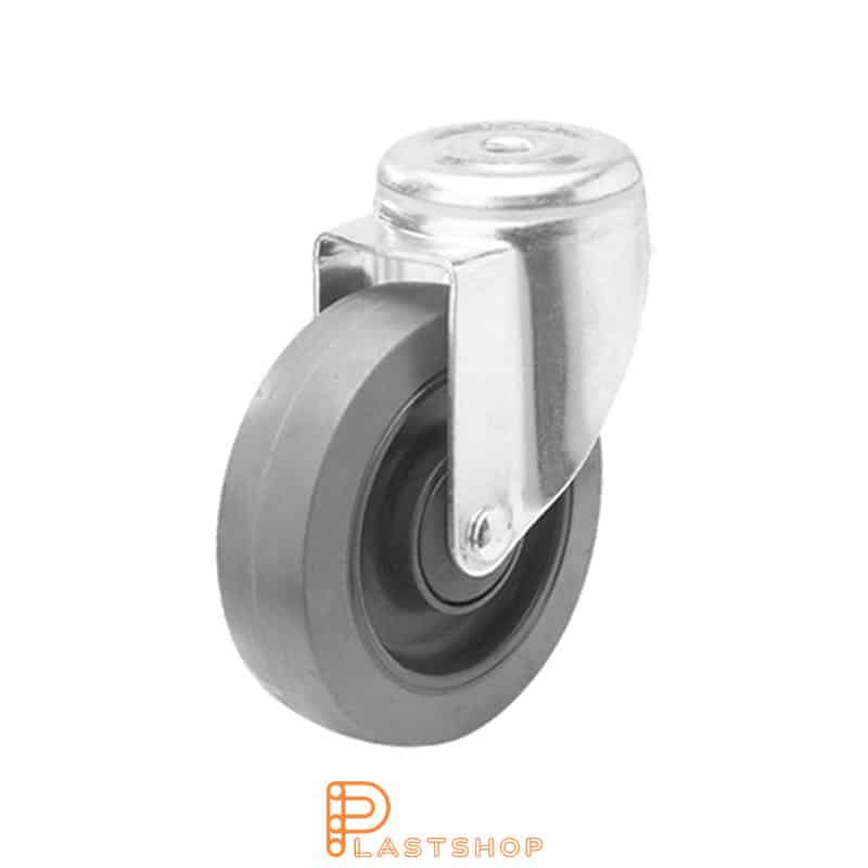 Link wheel without brake, center hole, wheel diameter 125 mm, building height 157 mm, hub in PA6 with soft track in ElastoGum in grå. 225 kg load capacity, ball bearings