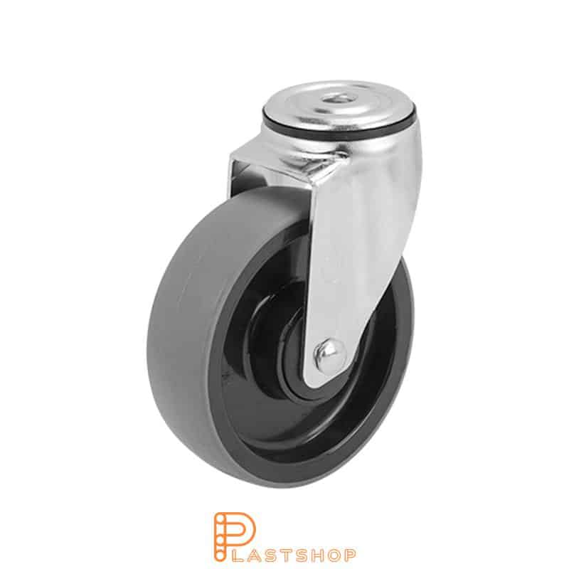 Link wheel without brake, center hole, wheel diameter 125 mm, building height 157 mm, hub in PA6 with soft track in PUR in grå. 150 kg load capacity, ball bearings