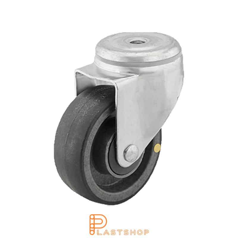 Link wheel without brake, center hole, wheel diameter 125 mm, building height 157 mm, hub in PA6 with soft track in PUR in grå. 225 kg load capacity, ball bearings