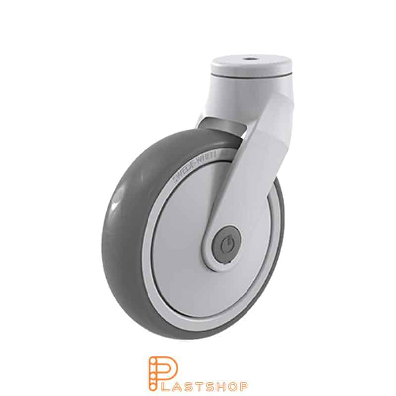 Link wheel without brake, center hole, wheel diameter 125 mm, building height 160 mm, hub in PP with soft track in TPE in gray color. 100 kg load capacity, ball bearings