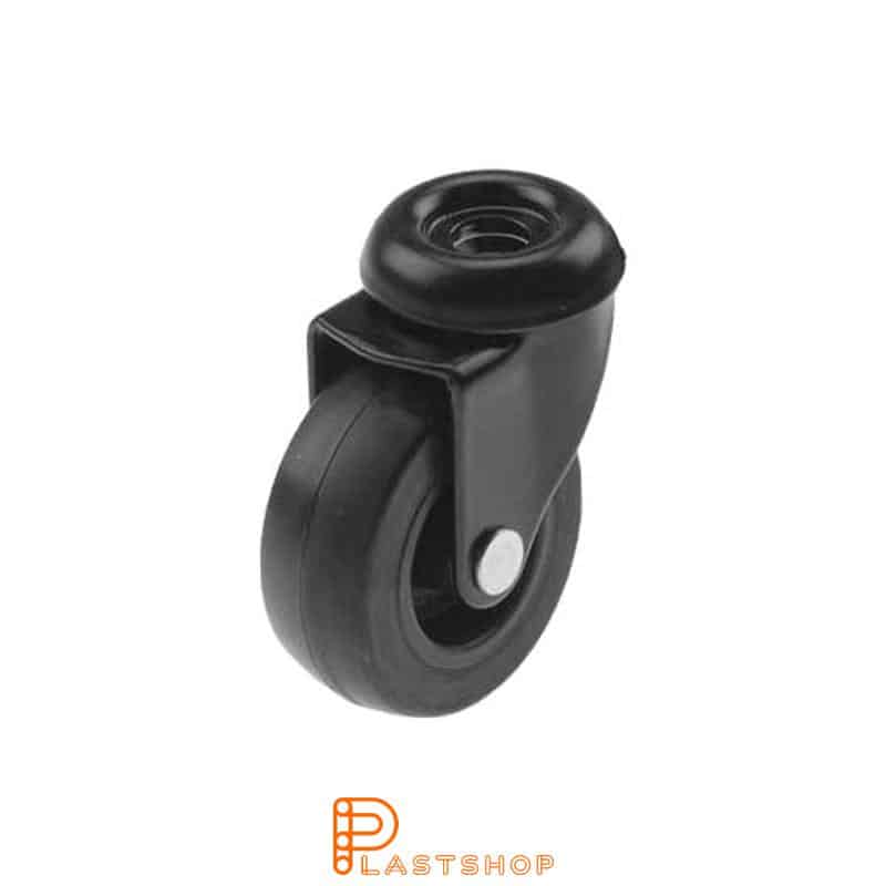 Rueda de enlace sin freno, agujero central, diámetro de la rueda 50 mm, altura de construcción 64 mm, eje en PP con banda suave en PUR de color negro. 40 kg de carga, cojinetes deslizantes