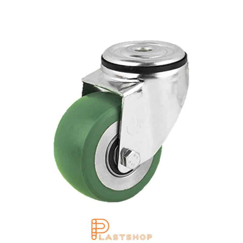 Länkhjul utan broms, centrumhål, hjuldiameter 80 mm, bygghöjd 108 mm, nav i aluminium med mjuk bana i ElastoPUR i grön färg. 150 kg bärighet, dubbla kullager