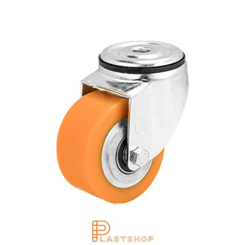 Länkhjul utan broms, centrumhål, hjuldiameter 80 mm, bygghöjd 108 mm, nav i aluminium med mjuk bana i PUR i orange färg. 150 kg bärighet, dubbla kullager