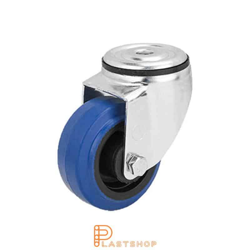 Link wheel without brake, center hole, wheel diameter 80 mm, building height 108 mm, hub in PA6 with soft track in ElastoGum in blue color. 100 kg load capacity, roller bearings