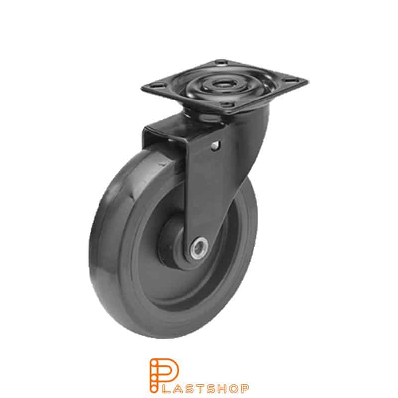Link wheel without brake, plate, wheel diameter 100 mm, building height 121 mm, hub in PP with soft band in PUR in black color. 55 kg load capacity, slide bearing