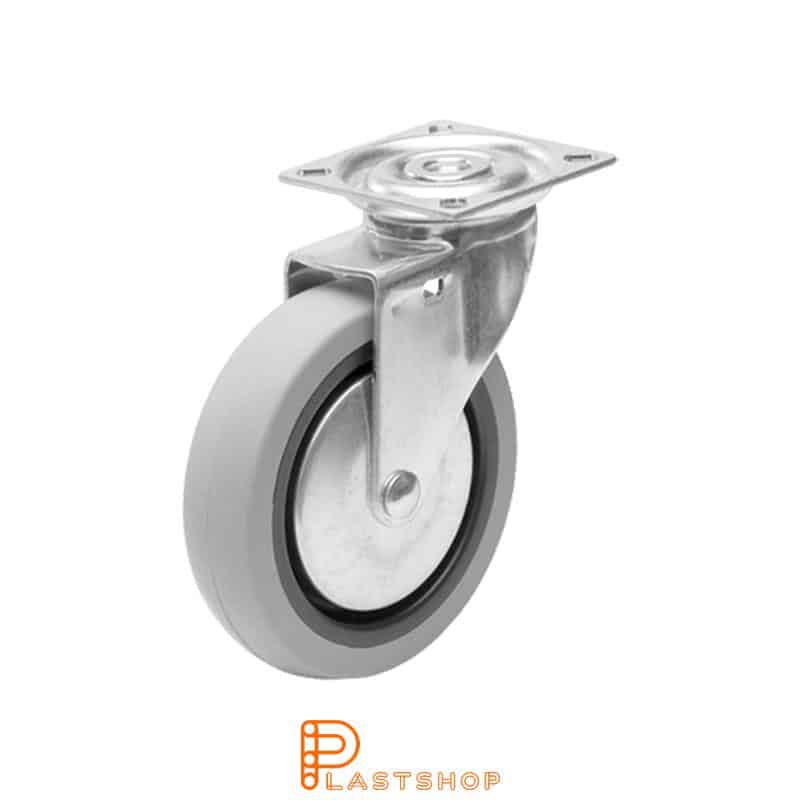 Link wheel without brake, plate, wheel diameter 100 mm, building height 121 mm, hub in PP with soft band in TPE in grå. 55 kg load capacity, slide bearing