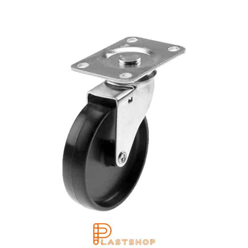 Link wheel without brake, plate, wheel diameter 100 mm, building height 126 mm, hard wheel in solid PA6, 55 kg load capacity, slide bearing