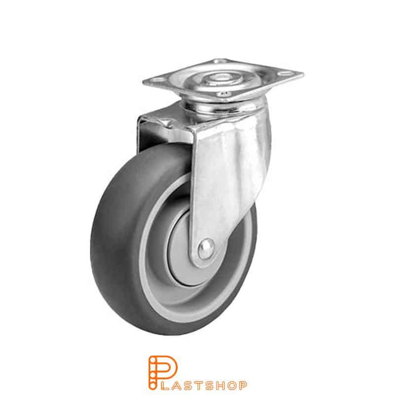 Link wheel without brake, plate, wheel diameter 100 mm, building height 126 mm, hub in PP with soft band in TPE in grå. 100 kg load capacity, ball bearing