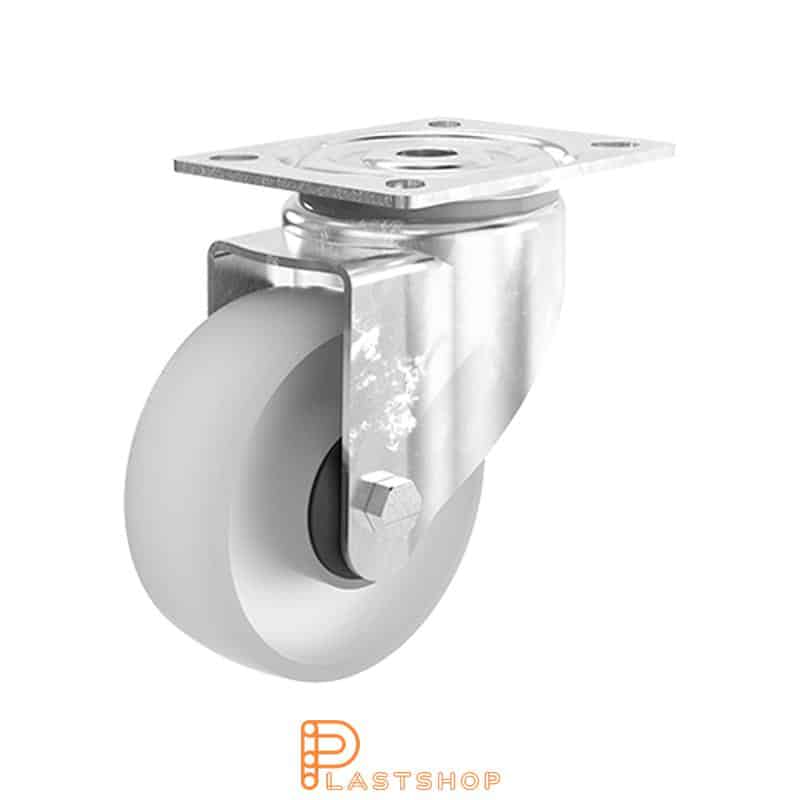 Link wheel without brake, plate, wheel diameter 100 mm, building height 128 mm, hard wheel in solid PA6, 150 kg load capacity, ball bearing