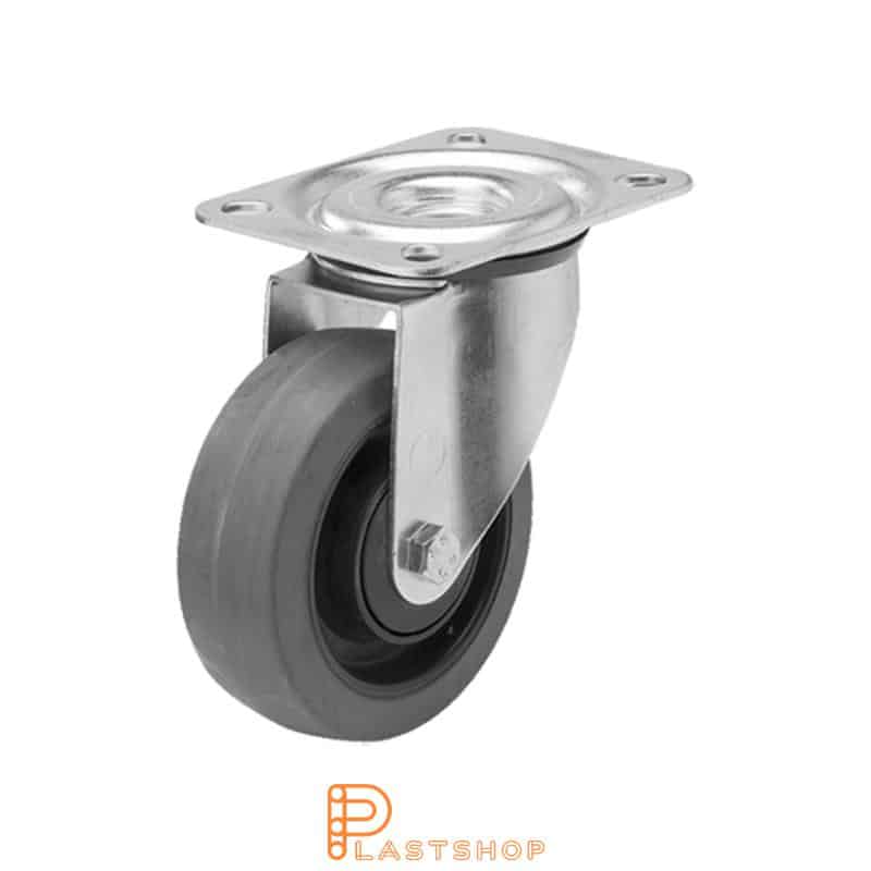 Link wheel without brake, plate, wheel diameter 100 mm, building height 128 mm, hub in PA6 with soft band in ElastoGum in grå. 160 kg load capacity, ball bearing