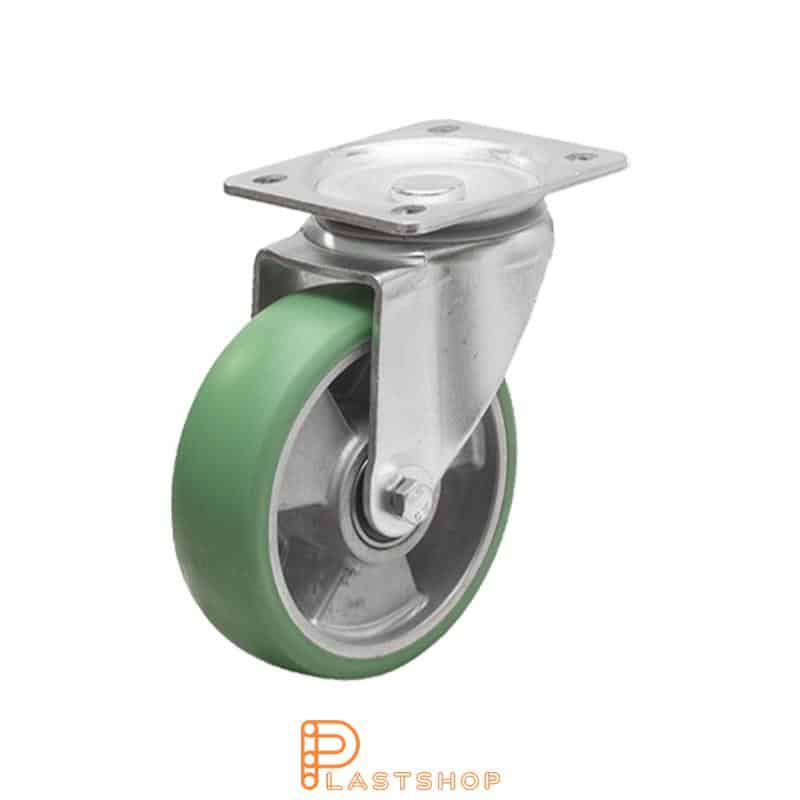 Link wheel without brake, plate, wheel diameter 100 mm, building height 130 mm, hub in aluminum with soft band in ElastoPUR in grön. 200 kg load capacity, double ball bearing