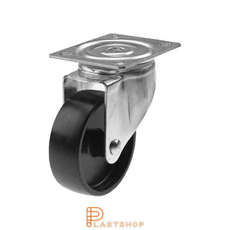 Rueda de enlace sin freno, placa, diámetro de la rueda 100 mm, altura de construcción 132 mm, rueda dura en PP macizo, 150 kg de carga, rodamientos de deslizamiento