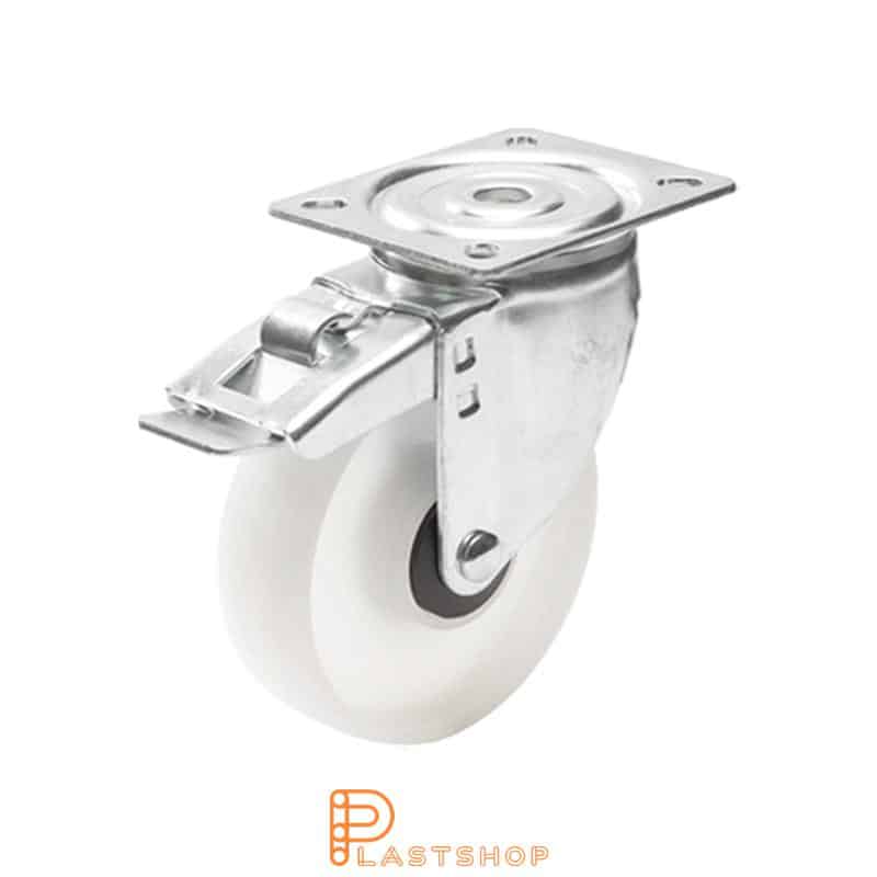 Link wheel without brake, plate, wheel diameter 100 mm, building height 132 mm, hard wheel in solid PP, 160 kg load capacity, ball bearing