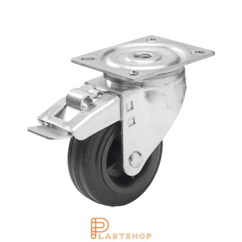 Link wheel without brake, plate, wheel diameter 100 mm, building height 132 mm, hub in PP with soft band in rubber in black color. 70 kg load capacity, roller bearing