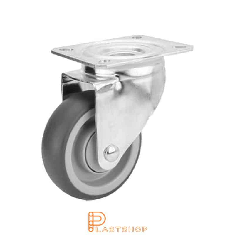 Link wheel without brake, plate, wheel diameter 100 mm, building height 132 mm, hub in PP with soft band in TPE in grå. 100 kg load capacity, ball bearing