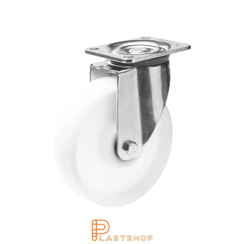 Lenkehjul uten bremse, plate, hjuldiameter 100 mm, byggehøyde 142 mm, hardt hjul i massiv PA6, 650 kg bæreevne, doble kuleledd